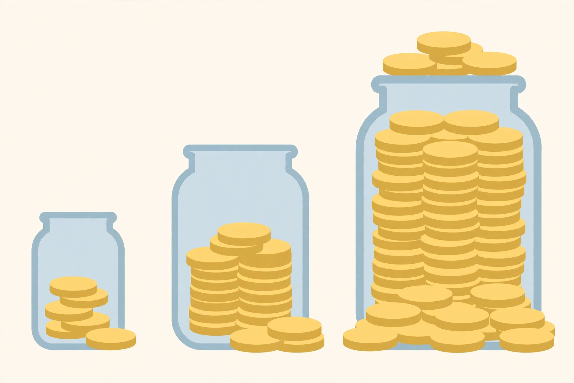 Three jars of coins in small, medium, and large sizes showing DIY, freelancer, and agency YouTube automation costs for beginners